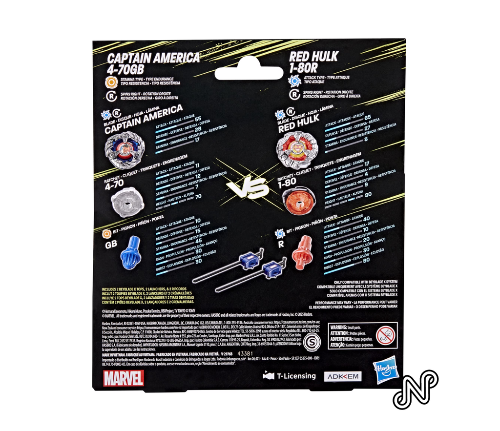Beyblade X and Marvel Collab, Captain America 4-70GB vs. Red Hulk 1-80R