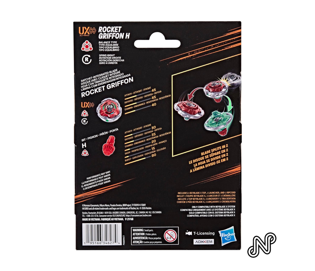 Beyblade X Rocket Griffon H UX Infinity Starter Pack Set, Takara Tomy Balance Type Top and Launcher