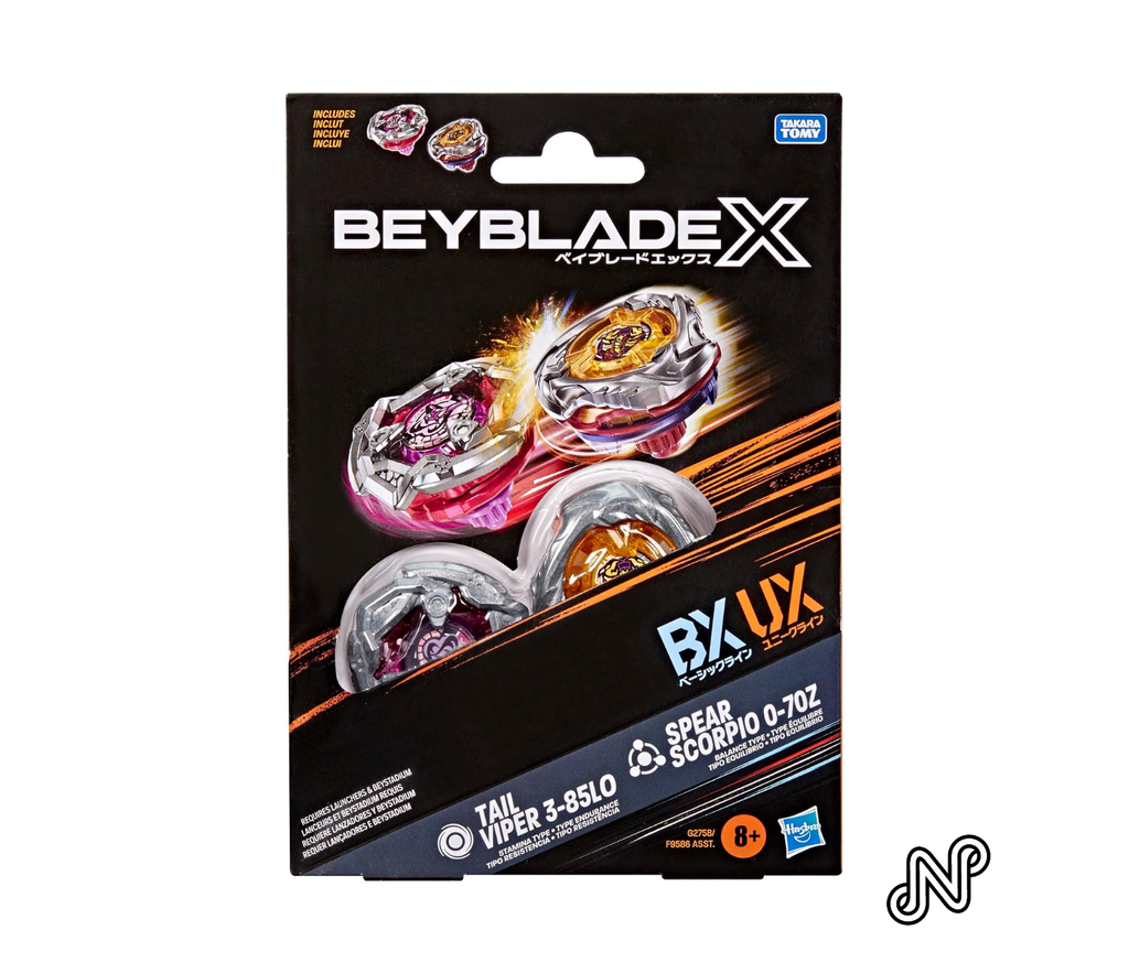 Beyblade X Spear Scorpio 0-70Z UX & Tail Viper 3-85LO BX Takara Tomy Dual Pack Set, 2 Right-Spinning Tops, Battling Game Toys