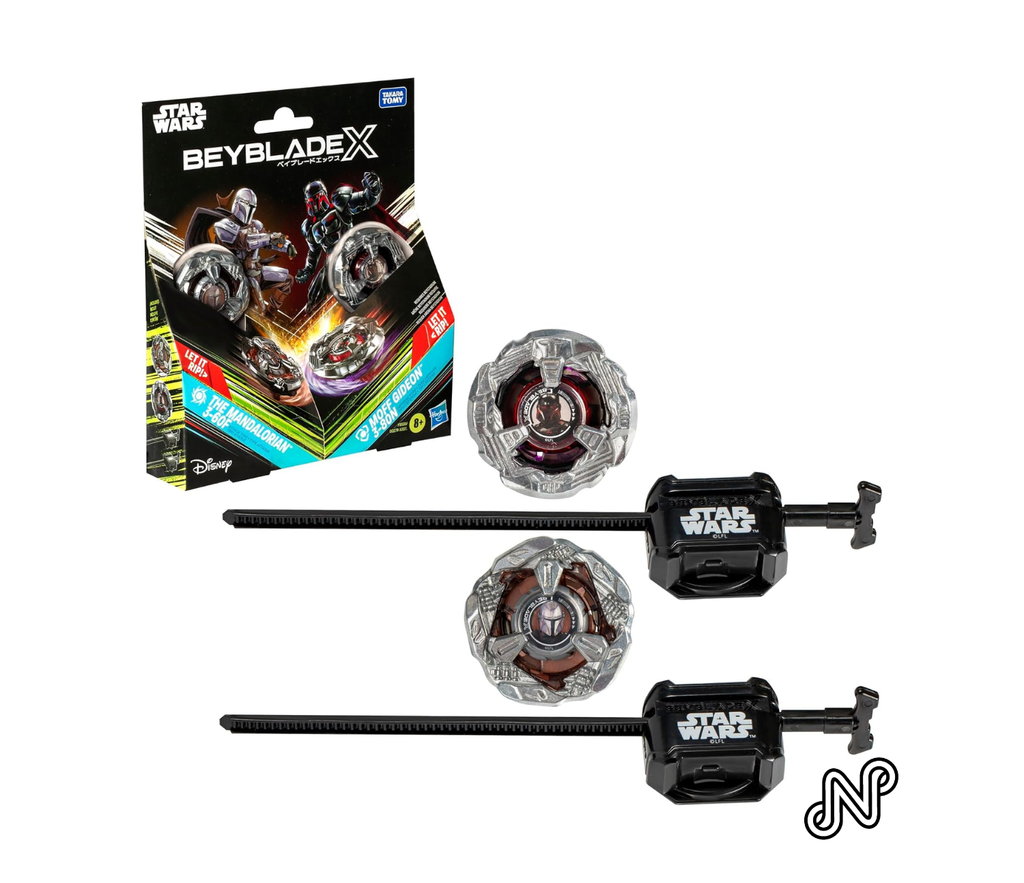 Beyblade X Star Wars The Mandalorian 3-60F Attack & Moff Gideon 3-80N Defense Right-Spin Tops Multi-Pack, Metallic Black