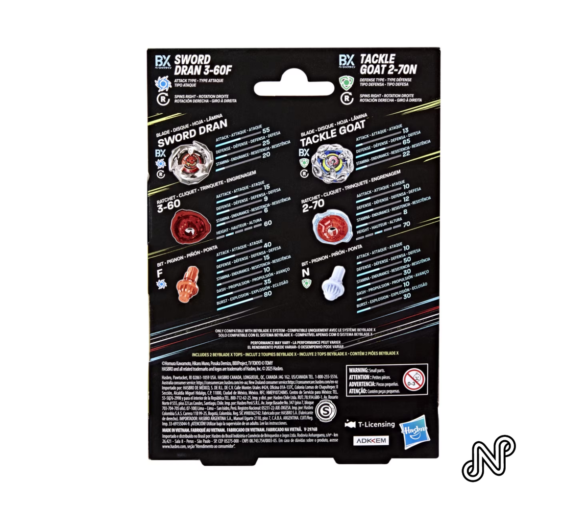 Beyblade X Tackle Goat 2-70N & Sword Dran 3-60F Dual Battling Top Pack Set