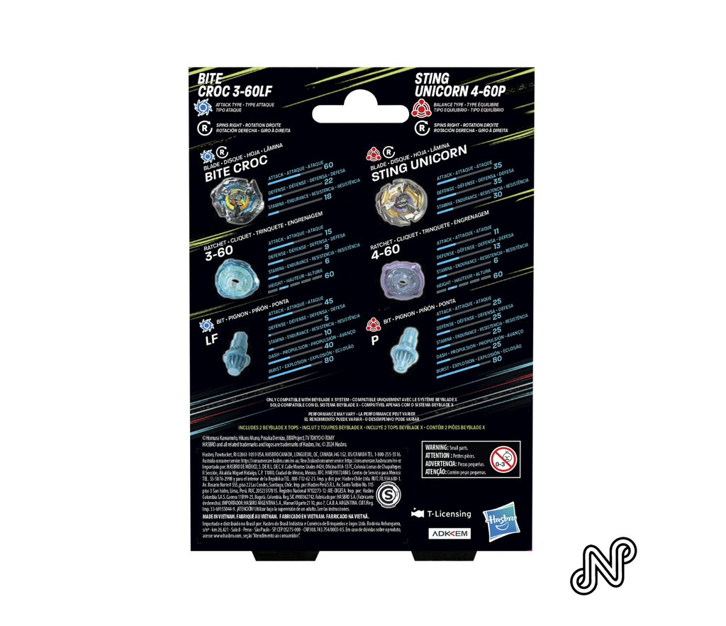 Beyblade X Bite Croc 3-60LF and Sting Unicorn 4-60P Top Dual pack Battling Top Set