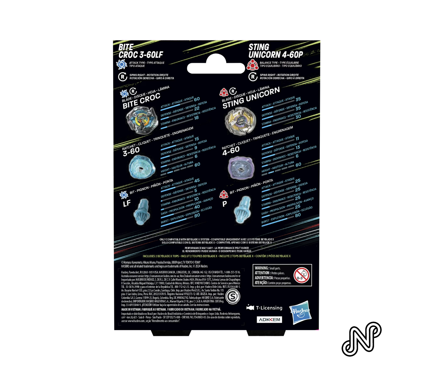 Beyblade X Bite Croc 3-60LF and Sting Unicorn 4-60P Top Dual pack Battling Top Set