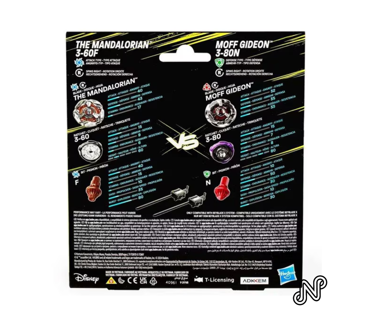 Beyblade X Star Wars The Mandalorian 3-60F Attack & Moff Gideon 3-80N Defense Right-Spin Tops Multi-Pack, Metallic Black