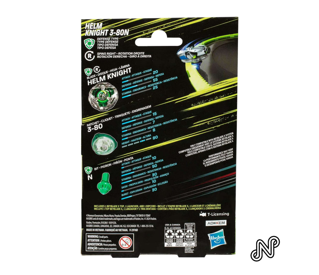 Beyblade X Helm Knight 3-80N Starter Pack Set with Defense Type Battling Top & Launcher